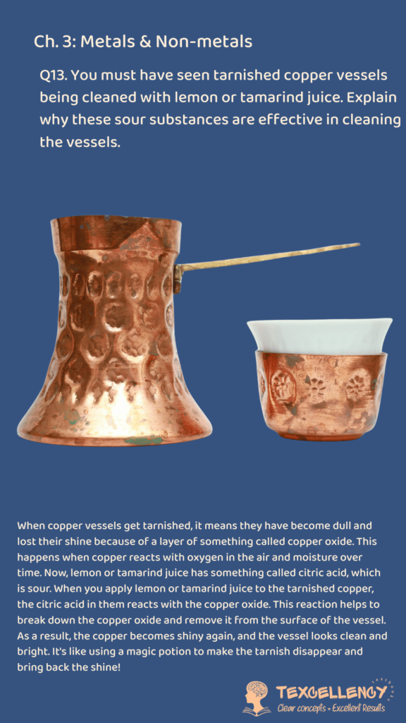 You must have seen tarnished copper vessels being cleaned with lemon or tamarind juice. Explain why these sour substances are effective in cleaning the vessels.