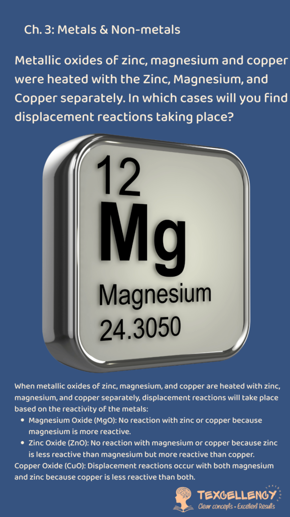 Metallic oxides of zinc, magnesium and copper were heated with the Zinc, Magnesium, and Copper separately. In which cases will you find displacement reactions taking place