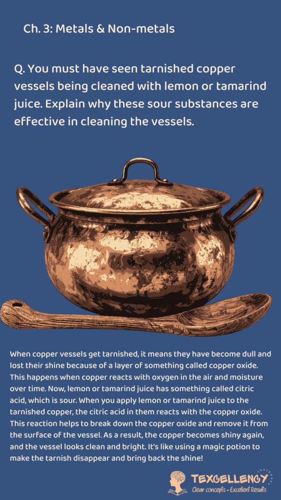 You must have seen tarnished copper vessels being cleaned with lemon or tamarind juice. Explain why these sour substances are effective in cleaning the vessels.