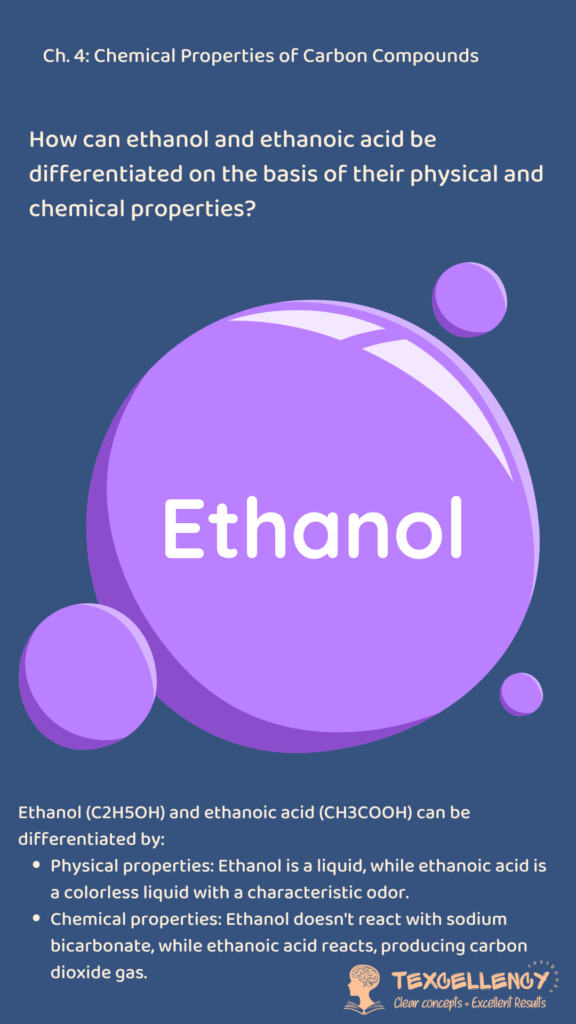 How can ethanol and ethanoic acid be differentiated on the basis of their physical and chemical properties