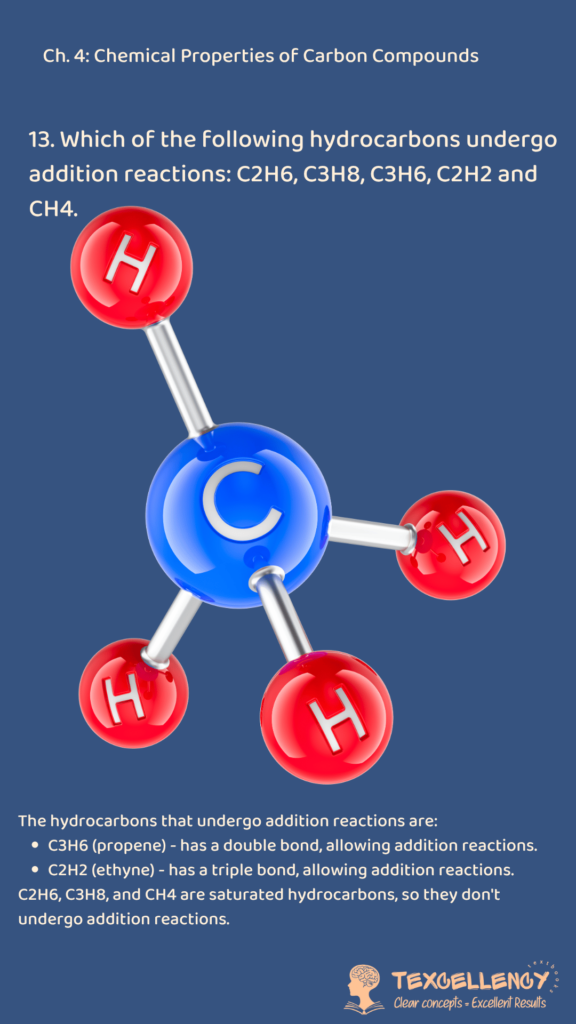 Which of the following hydrocarbons undergo addition reactions C2H6, C3H8, C3H6, C2H2 and CH4.
